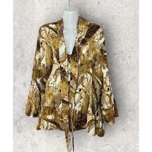 Serenade Women's Size 2X Floral Paisley Gold Bell Sleeve Crinkle Stretch Blouse